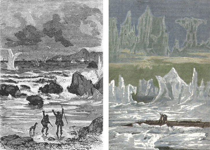 左：『ハテラス船長の航海と冒険』挿絵（エドゥアール・リュー）　右：『海底二万里』挿絵（アルフォンス･ド･ヌヴィル）