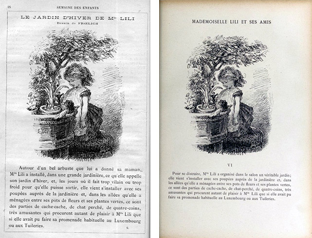 　左：『教育娯楽雑誌』1902年新年号に掲載されたフルーリックの挿絵と説明文 右：『リリ嬢のお友達』（1903年）に再録された同じ挿絵