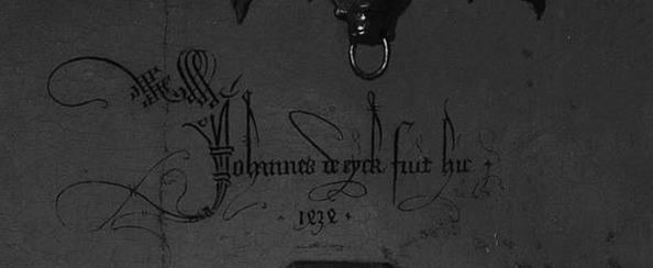 ファン・アイク「アルノルフィニ夫妻の肖像」壁には，ラテン語で， Johannes de eyck fuit hic./.1434. と描かれている