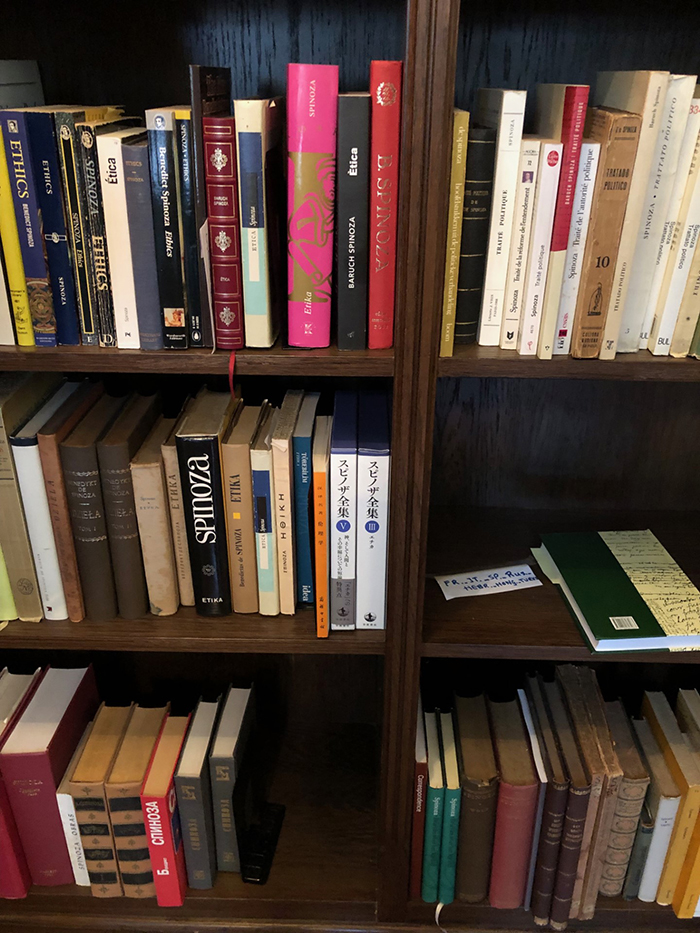 スピノザハウス（デン・ハーグ）の本棚。岩波書店より寄贈したスピノザ全集第Ⅲ巻と第Ⅴ巻が配架されている